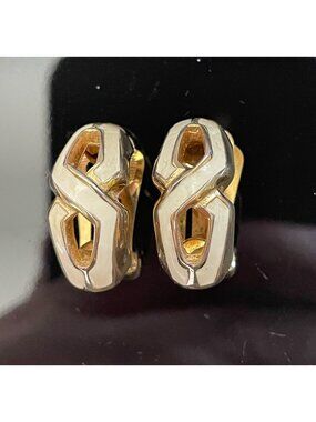 Vintage Signed Christian Dior Gold Cream Enamel Interlocking J Hoop Earrings 80s